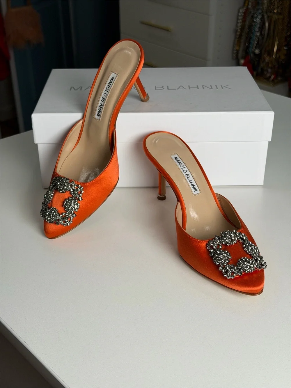 Manolo Blahnik Orange Hangisimu Satin Crystal-Embellished Mules - Picture 1 of 3
